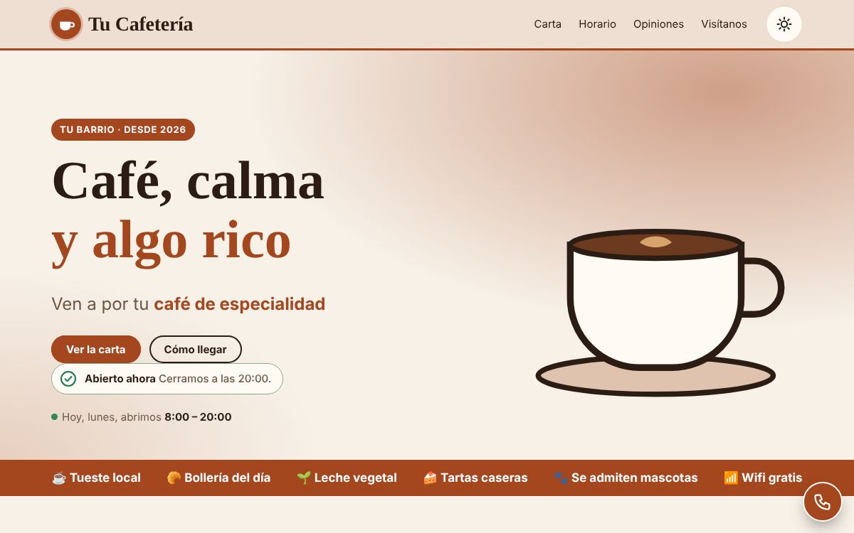 Ejemplo: portada de la plantilla de cafetería de Web Platform, con datos de muestra.
