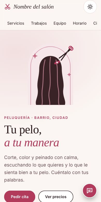 Ejemplo: la plantilla de peluquería vista en un móvil, con datos de muestra.